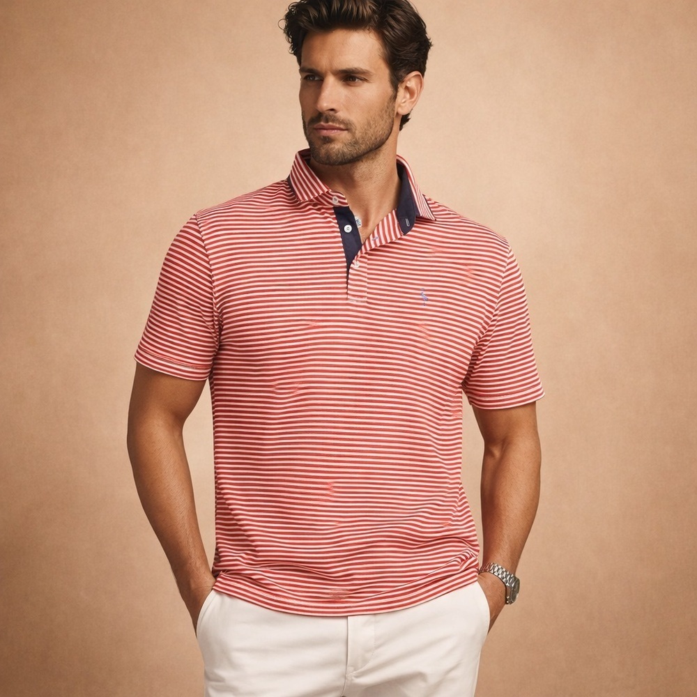 TailorByrd Men’s Red White Striped Performance Polo Shirt XL SPF 30